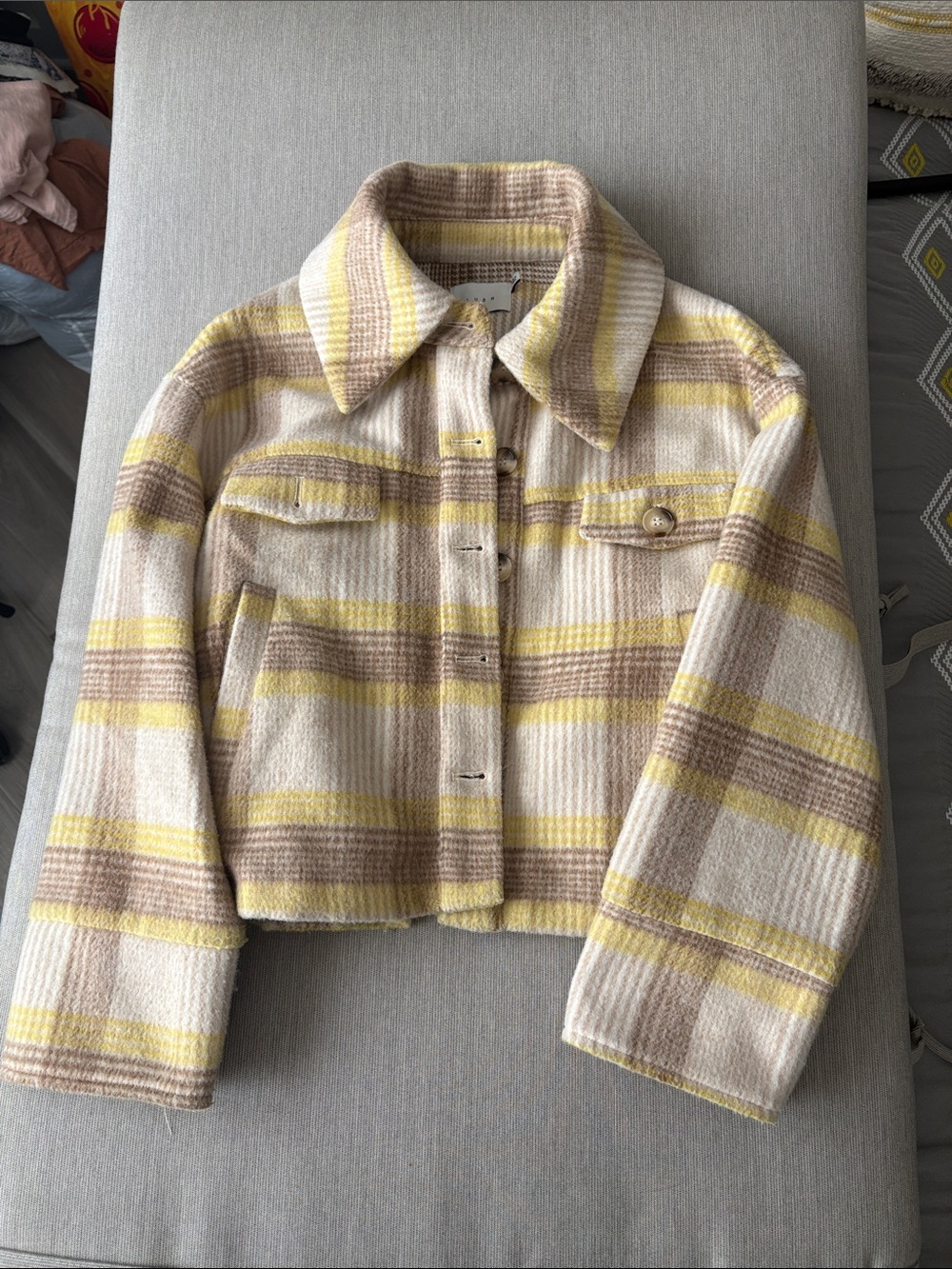 Lush Cropped Plaid Jacket in Cream, Yellow & Tan